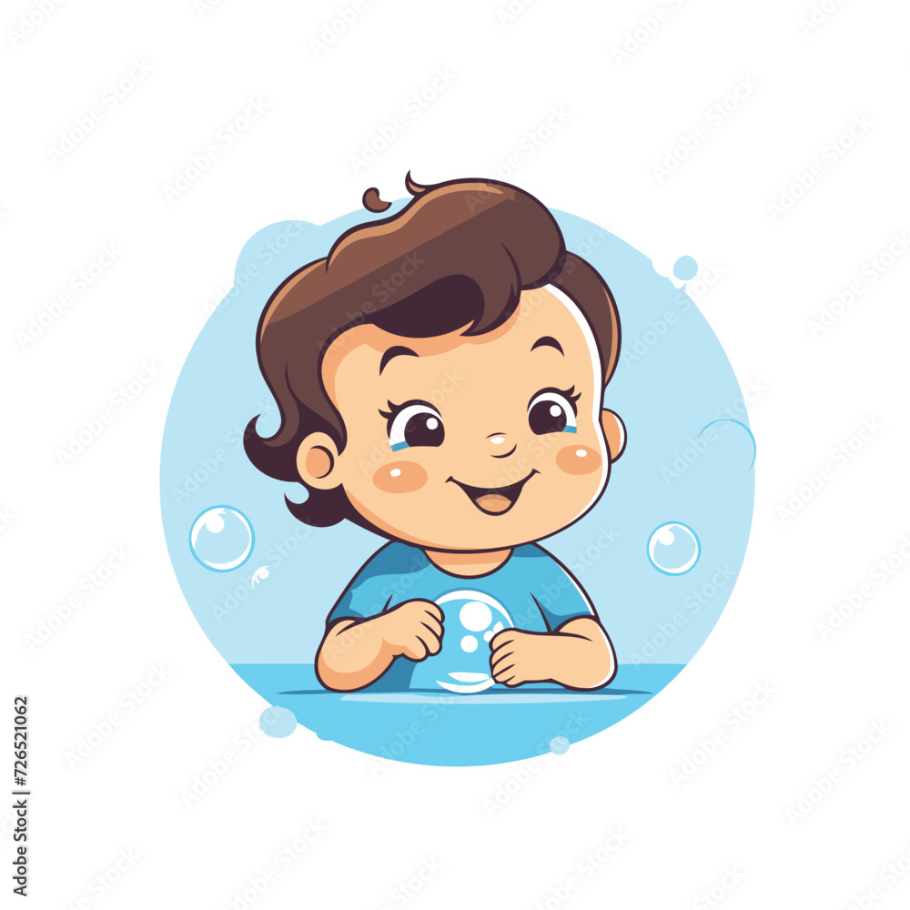 Cute little boy playing with soap bubbles. Vector cartoon illustration.