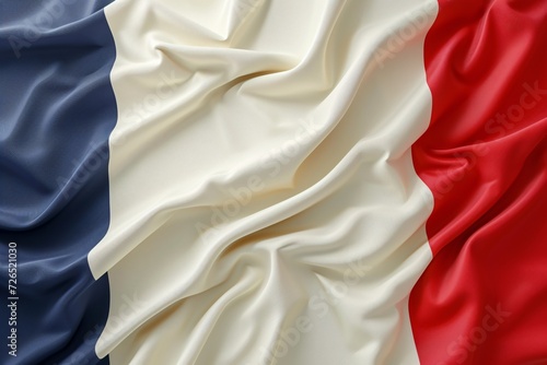 A 3D rendering of the French Flag on a white backdrop, flying on a pole in celebration of Independence Day, representing the nation on rippling cloth.