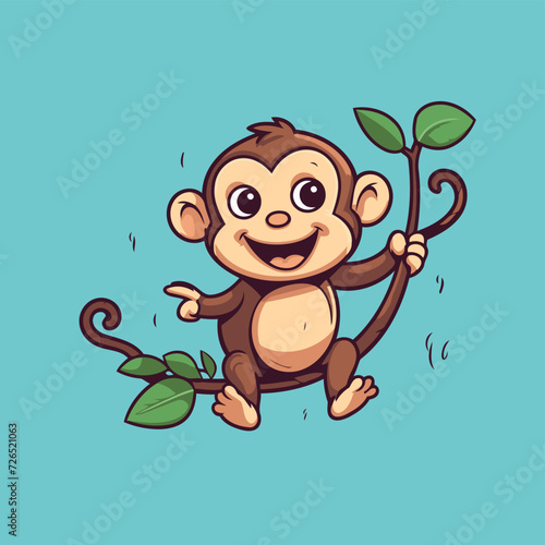 Cute cartoon monkey with green leaves on blue background. Vector illustration.