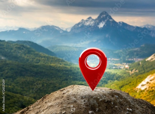 Location pin icon on the mountains. Travel background.