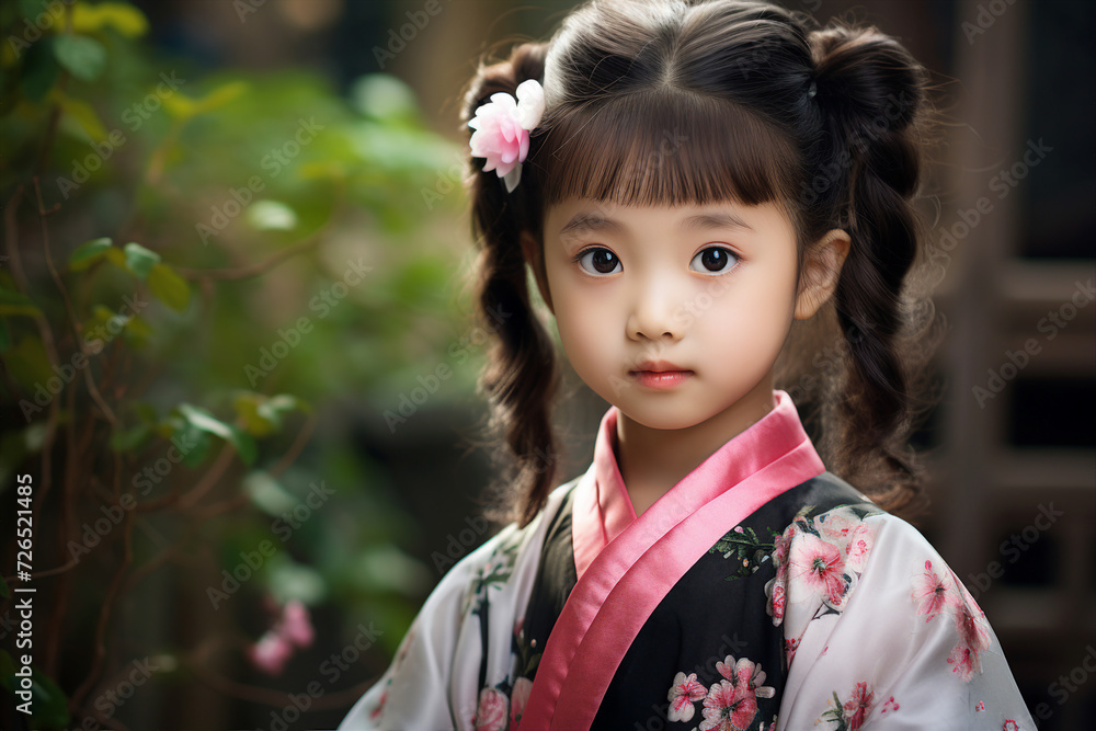 Photo of lovely adorable cute chinese girl wear traditional kimono made with generative AI Photo of lovely adorable cute chinese girl wear traditional kimono made with generative AI
