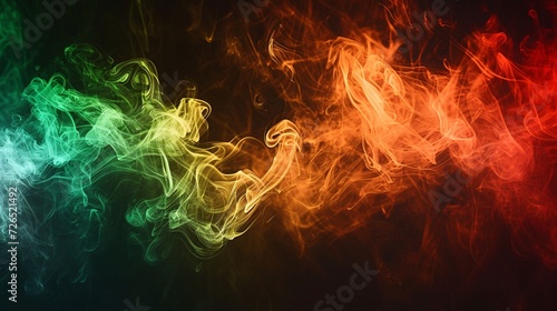 Colorful abstract smoke on dark backdrop with red, green, and brown ink.