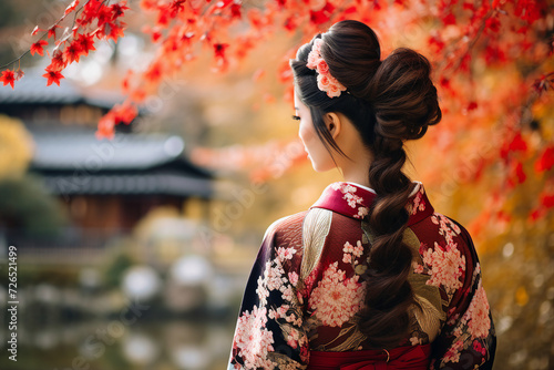 Generative AI picture of stunning chinese lady wear kimono walking on beautiful landscape