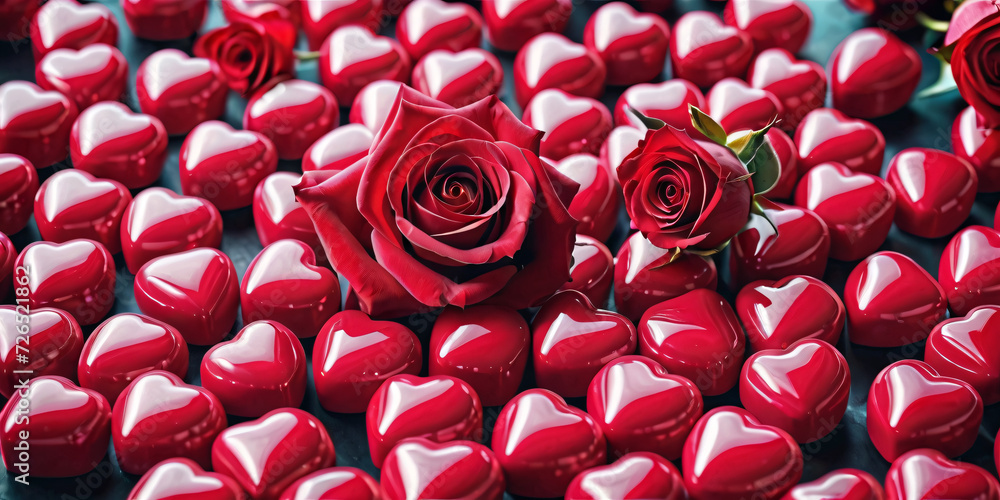Heart shape candy and red rose flower, Valentine's Day gifts, background Heart shape candy and red rose flower, Valentine's Day gifts, background