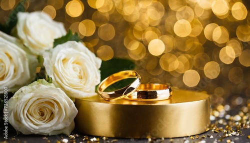anéis de ouro sobre base dourada e rosa branca ao fundo, bokeh photo