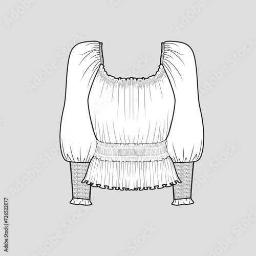 Smocked Shirred top Square neck Gathering ruched detail Long Smocking Cuff Sleeve  fashion t shirt top blouse flat sketch technical drawing template design vector