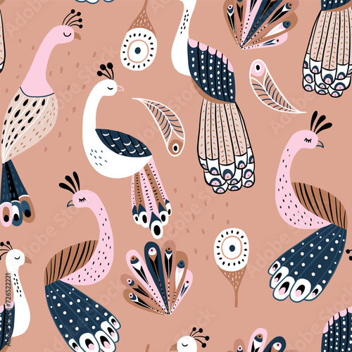 Seamless pattern with hand drawn cartoon peacock birds and feathers. Creative vector texture for fabric, textile, wallpaper.