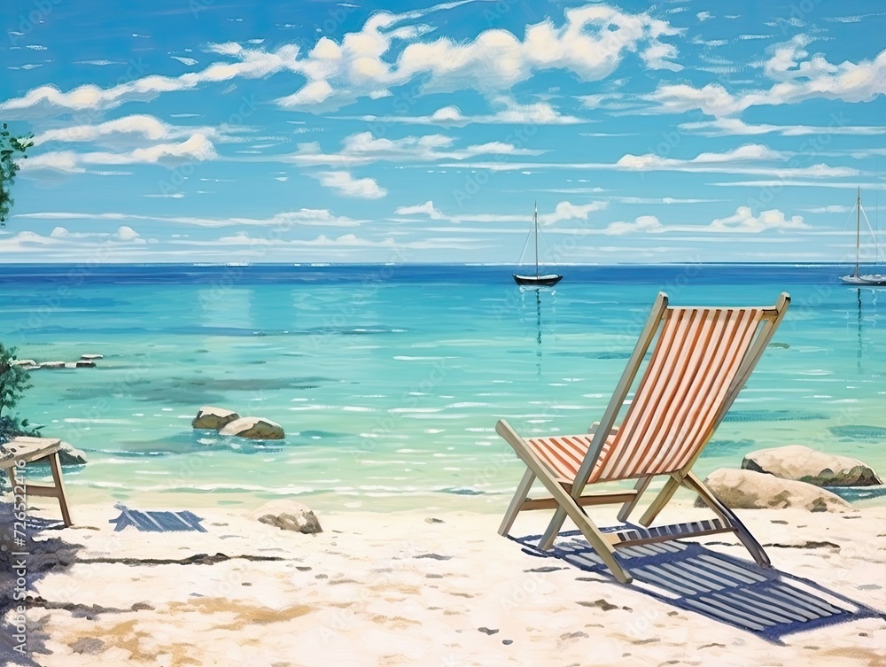 Summer beach scene with blue skies, clear water and a sun lounger.