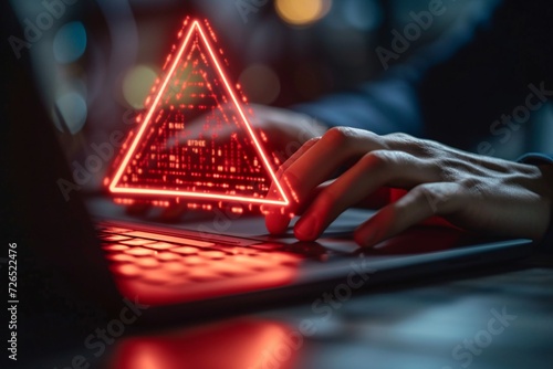 Entrepreneur's fingers typing on computer with triangular malicious alert symbol. Malware fraud fishing online fraud idea. Password breach. photo