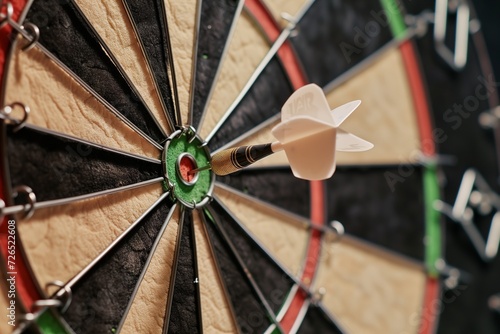dart hitting dead center of the bullseye on a dartboard