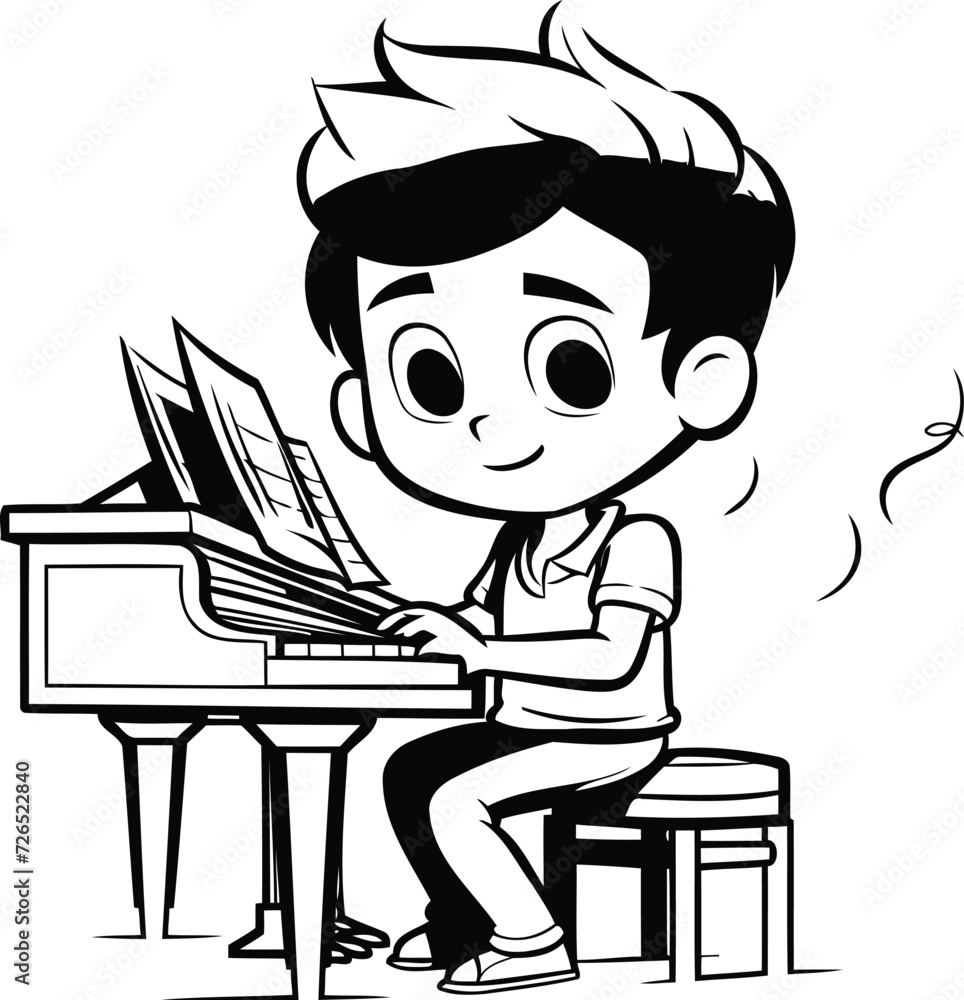 Boy Playing Piano - Black and White Cartoon Illustration. Editable Stroke