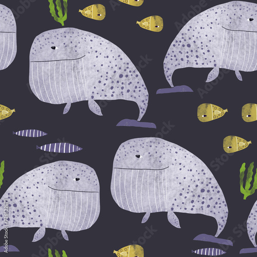 Childish marine watercolor texture with whales. Undersea seamless design for textile, wallpaper, apparel.