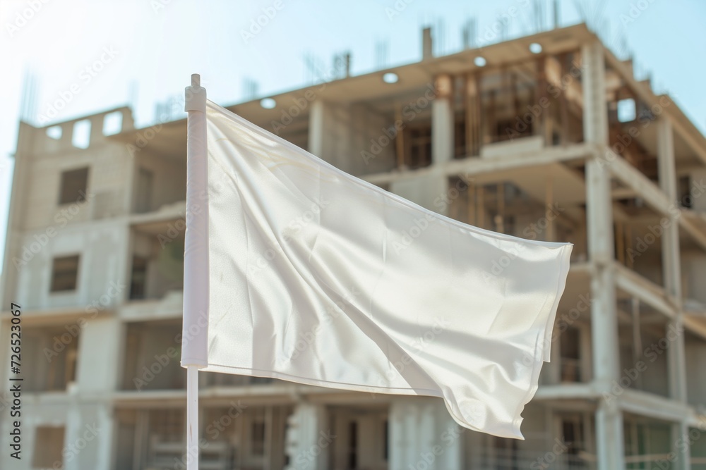 empty flag mockup waving in front of a halffinished building empty flag mockup waving in front of a halffinished building