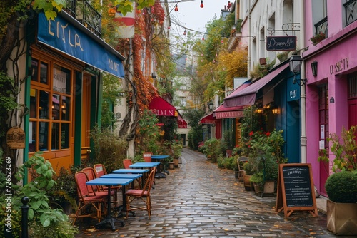 Charming Parisian street with picturesque buildings and iconic sights. photo