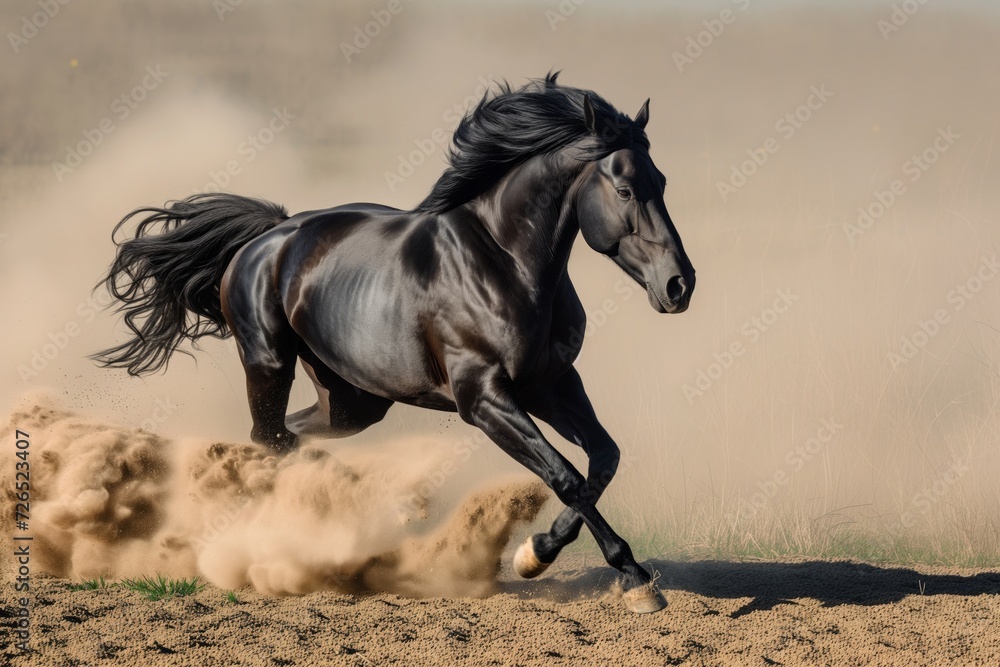 black stallion sprinting headon in a paddock, dust cloud around hooves black stallion sprinting headon in a paddock, dust cloud around hooves