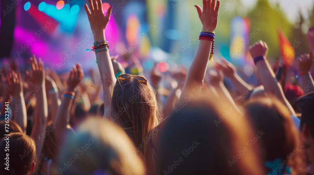 A lively music festival captivates a diverse crowd from behind. The collective energy pulses through, celebrating the universal language of music in a joyous atmosphere