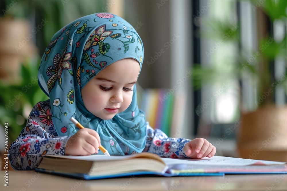 Adorable young Muslim girl studying and reading, writing and reading a book at home. Learning literacy and being imaginative as a small child. Adorable young Muslim girl studying and reading, writing and reading a book at home. Learning literacy and being imaginative as a small child.