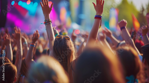 A lively music festival captivates a diverse crowd from behind. The collective energy pulses through, celebrating the universal language of music in a joyous atmosphere