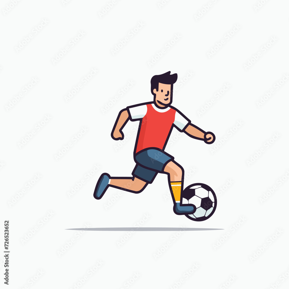 Soccer player running with ball. Vector illustration in flat style.
