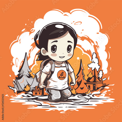 Vector illustration of a boy with a backpack on the background of the disaster