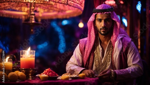 Close-up high-resolution image of a Middle Eastern prince wearing traditional clothes. Ambient lights. photo