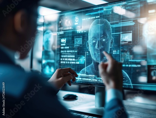 A person participating in a virtual meeting with holographic effects