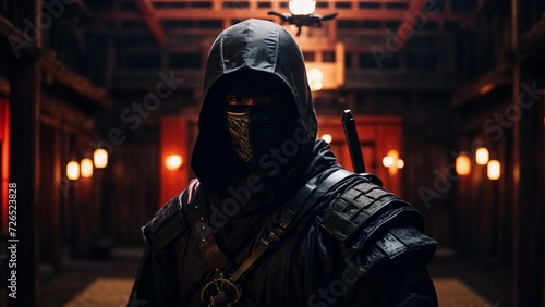 Close-up high-resolution image of a mysterious shinobi ninja in a dark castle. Ambient lights.