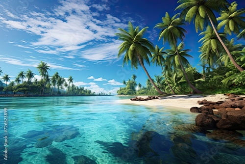 Beautiful tropical island with palm trees and turquoise transparent water © neirfy