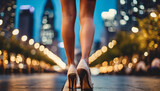 bare-skinned, skinny Caucasian girl's legs in high heels at night, amidst blurred city lights and people