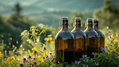 Soil-based cosmetics. Transparent glass bottles with a dispenser are filled to the top with black soil. purest  organically produced ingredient. Backyard background. Eco beauty trend.