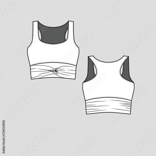Twisted Racer Back crop top Sleeveless crew neck front twist detail panel hem cropped fashion clothing flat sketch technical drawing template design vector