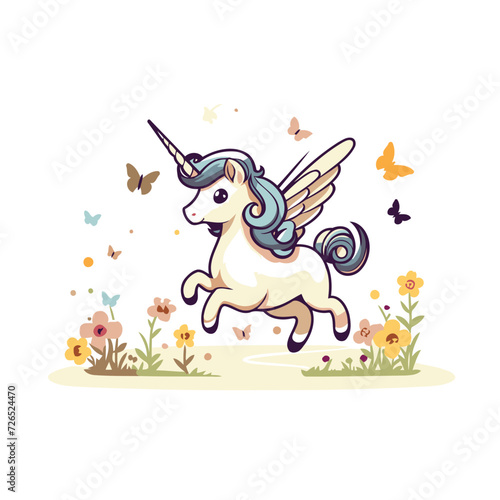 Unicorn with wings and flowers. Cute cartoon vector illustration.