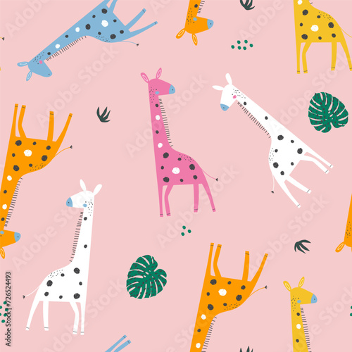 Seamless jungle pattern with giraffes, and tropical leaves. Creative childish texture for fabric, wrapping, textile, wallpaper, apparel. Vector illustration