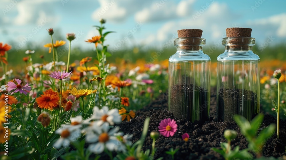 Soil-based cosmetics. Transparent glass bottles with a dispenser are filled to the top with black soil. purest, organically produced ingredient. Backyard background. Eco beauty trend. Soil-based cosmetics. Transparent glass bottles with a dispenser are filled to the top with black soil. purest, organically produced ingredient. Backyard background. Eco beauty trend.