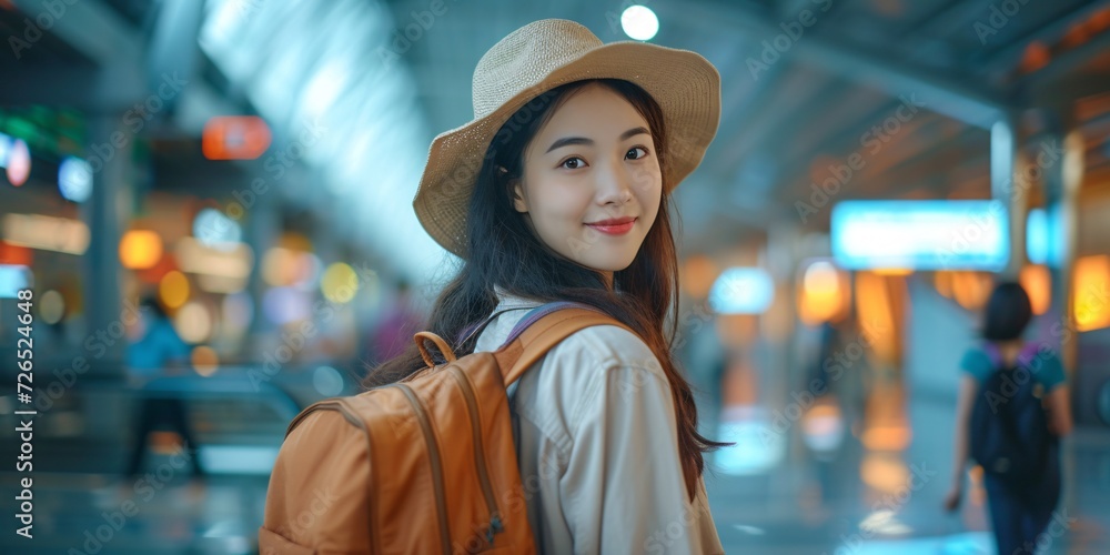 Joyful, charming Asian female traveler with a backpack at the contemporary airport, available for copy. Concept of tourism and adventure. Joyful, charming Asian female traveler with a backpack at the contemporary airport, available for copy. Concept of tourism and adventure.