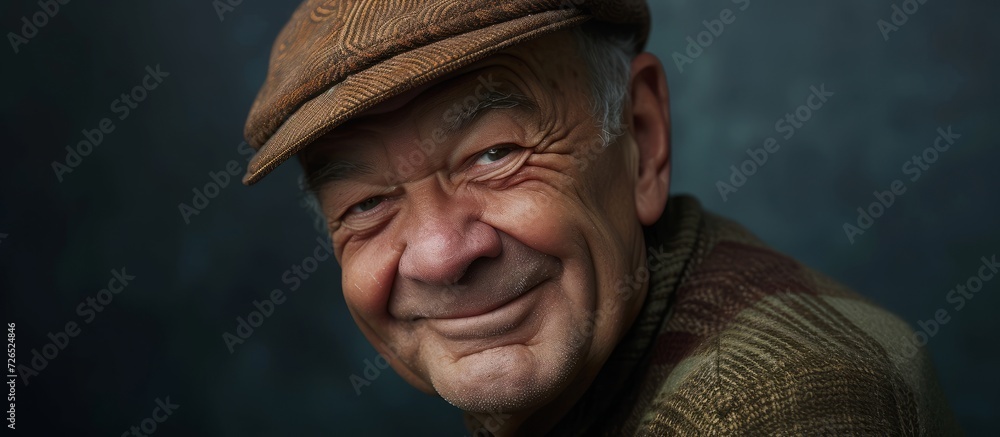 Sporting a cap, a happy senior man winks at the camera with a sexy expression. Sporting a cap, a happy senior man winks at the camera with a sexy expression.