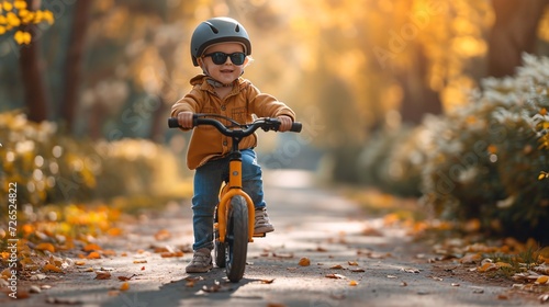 Joyful adorable child dons shades and protective headgear while riding a balance bicycle for morning exercise.