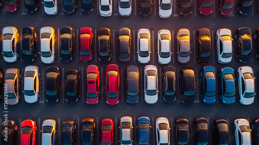a huge parking lot of new cars in the port before loading onto the ferry, aerial view - obrazy, fototapety, plakaty 