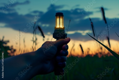 hand holding a uv light mosquito attractor at dusk photo