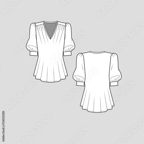 V Neck gathering top puff balloon elbow sleeve with cuffs  t shirt top blouse  fashion flat sketch technical drawing template design vector