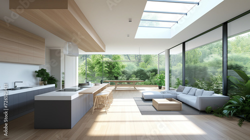 Interior Design, a perspective of of a living room and a kitchen with an island, large windows with natural light, Light colors, vegetation, modern furniture, skylight, modern minimalistic design © sandsun