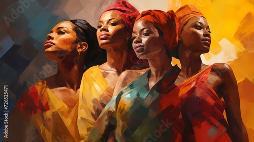 Elegância de quatro mulheres afro com turbantes ao pôr do sol