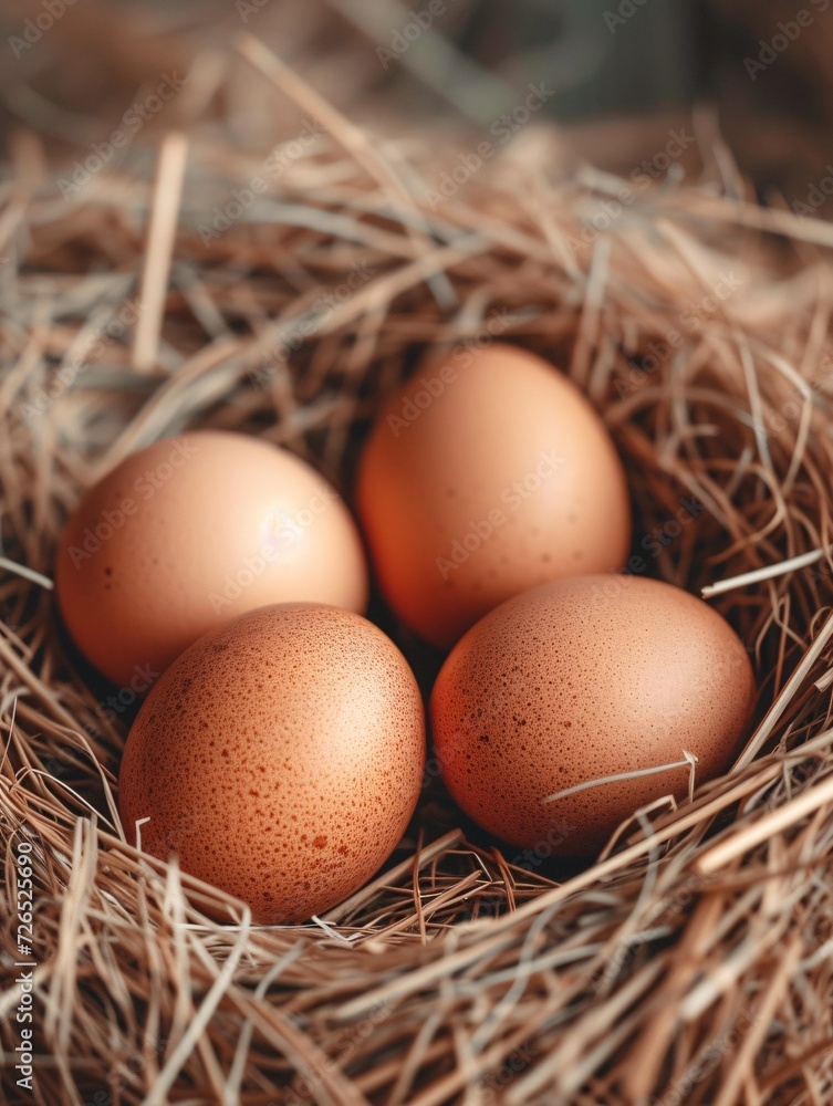 Close-up of tan eggs in straw nest at poultry ranch. Close-up of tan eggs in straw nest at poultry ranch.