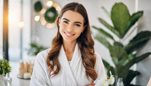 woman exudes tranquility and joy, embodying beauty and self-care in a spa setting, with a radiant smile turned away from the camera