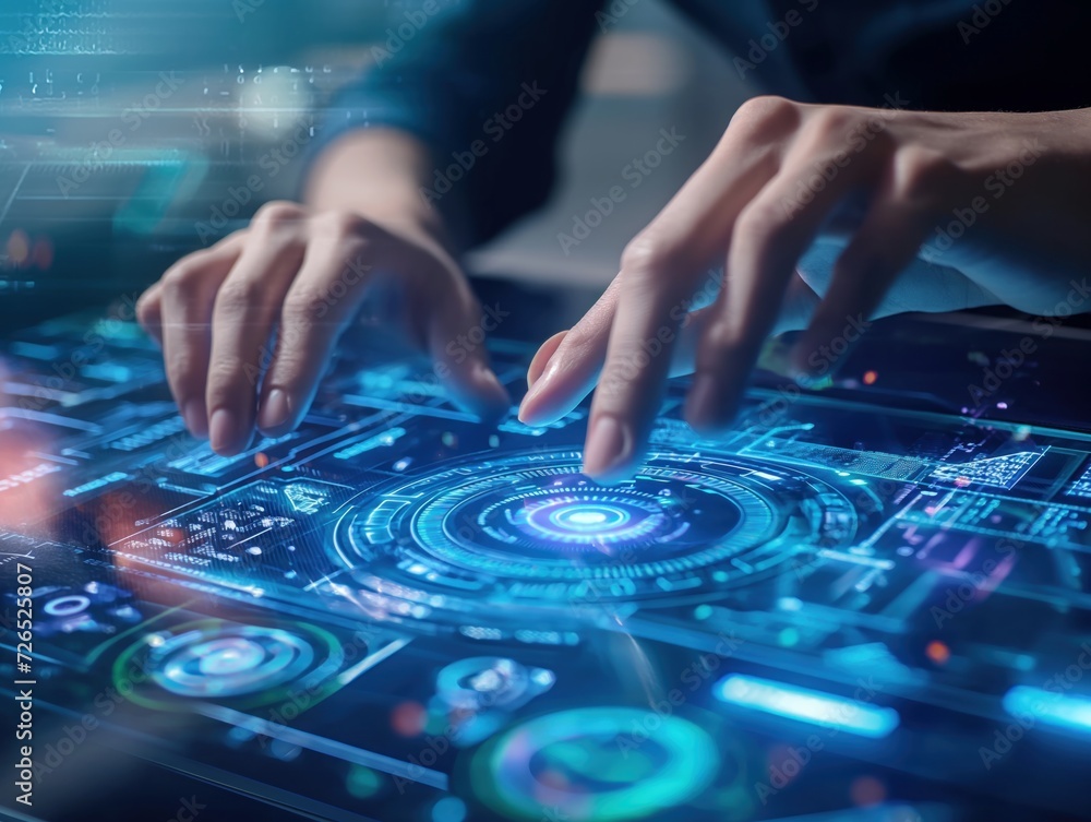 Close-up of a person's hands using a futuristic touchscreen for remote collaboration Close-up of a person's hands using a futuristic touchscreen for remote collaboration