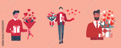 Man Holding a bouquet of Hearts. Romantic Valentine's Day Concept of Flat illustration. 
