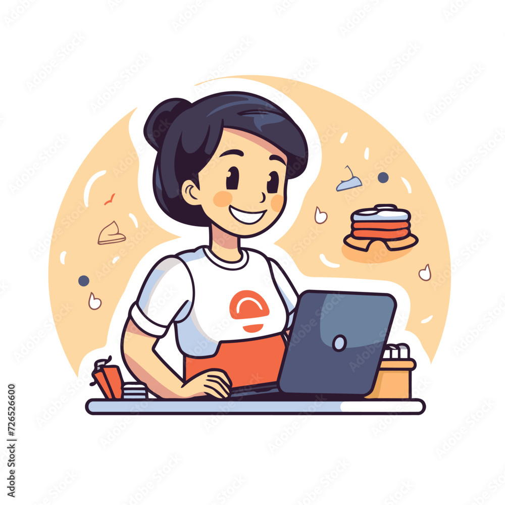 Young woman working at home with laptop. Vector illustration in cartoon style.