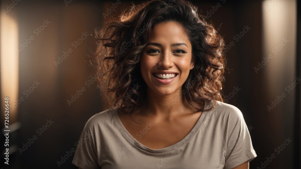 Close-up high-resolution image of an attractive Latina woman smiling to camera, wearing casual outfit in a photo studio. Ambient lights. Close-up high-resolution image of an attractive Latina woman smiling to camera, wearing casual outfit in a photo studio. Ambient lights.