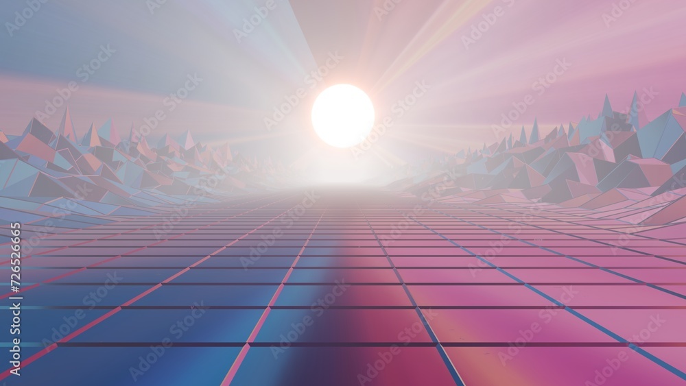 The wireframe landscape embodies the classic 80s aesthetic, combining digital nostalgia with futuristic elements