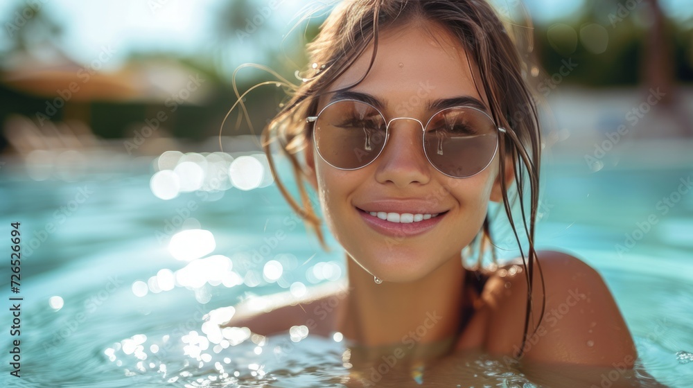 happy young woman with wet hair and stylish sunglasses sunbathing in pool happy young woman with wet hair and stylish sunglasses sunbathing in pool